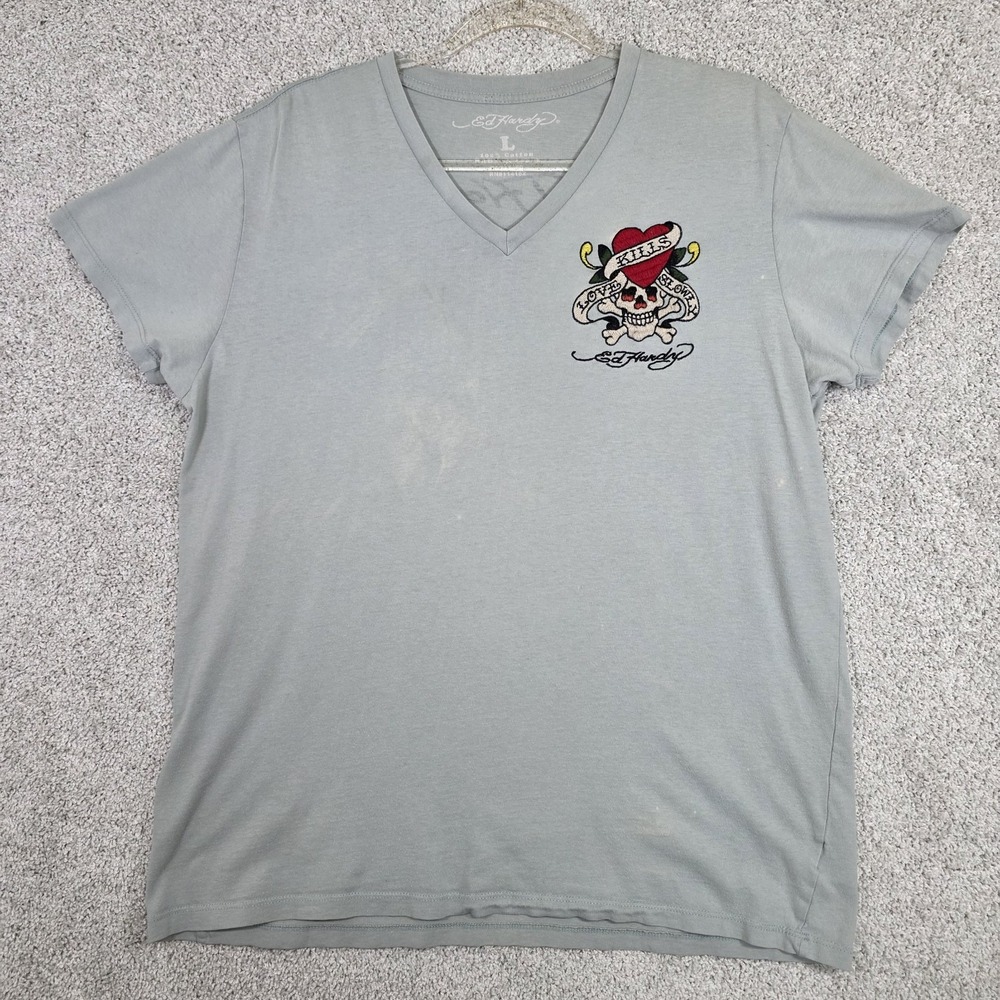 Y2K Ed Hardy Embroidered Skull‎ Bluish Gray V Neck Tee Size L Retro Grunge Punk